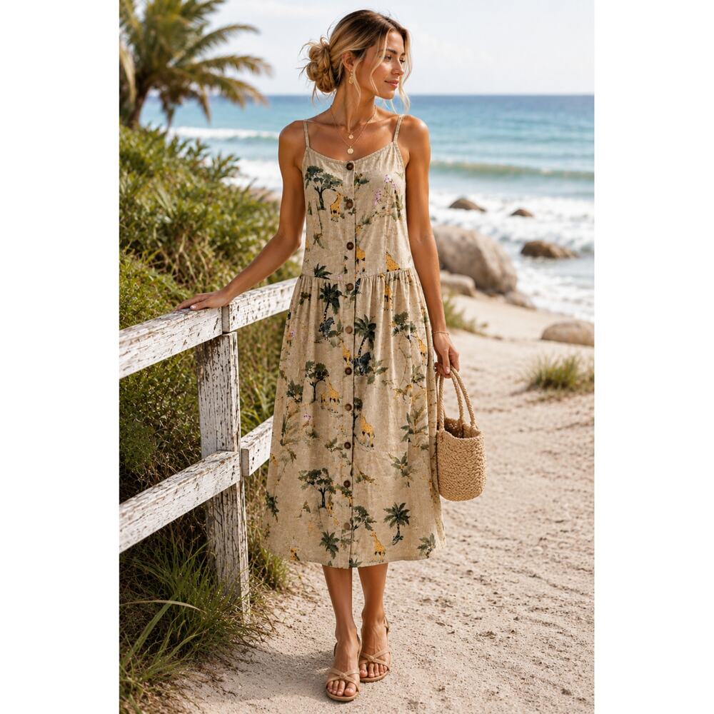 Old Navy Linen Blend Tropical Safari Button Front Midi Dress XS  Beach Resort